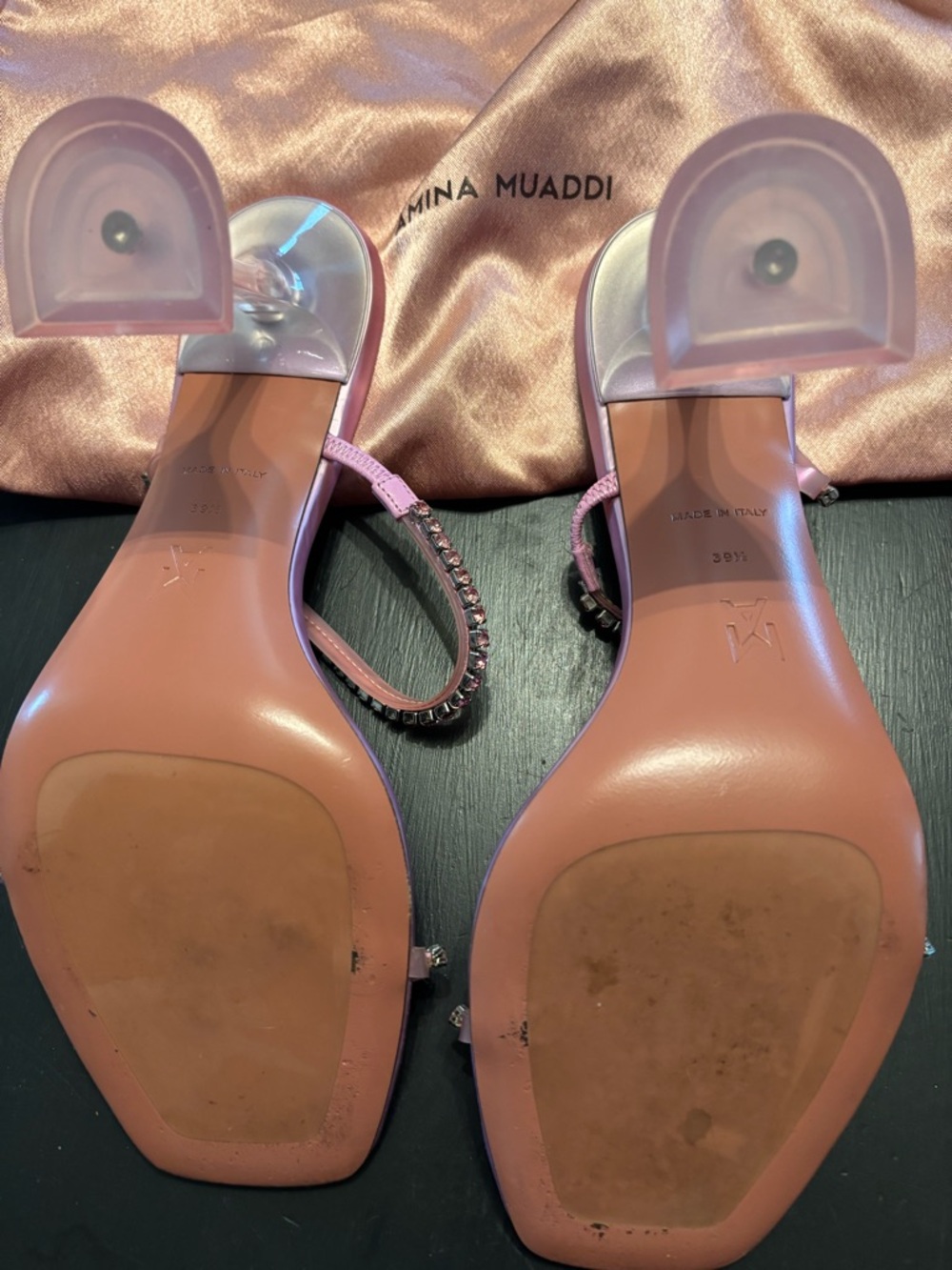 Amina Muaddi Pink Glinda Crystal-Embellished Satin Heels - Picture 4 of 5